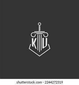 KU initial monogram law firm with sword and pillar logo design