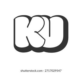 Logotipo da KU, letras cômicas bolha, arredondado em estilo graffiti silhueta preto e branco. Trendy pré-escola K e U carta texto para festa do festival, iniciais pessoais, crianças funky impressão e web. Ilustração vetorial.