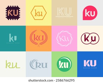 KU logo company template. Letter k and u logotype. Set different classic serif lettering and modern bold text with design elements. Initial font typography. Collection trendy business identity.