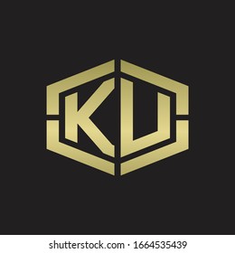 KU Logo monogram with hexagon shape and piece line rounded design tamplate on gold colors