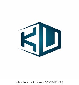 KU monogram logo with hexagon shape and negative space style ribbon design template