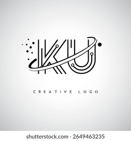 Logotipo de Monograma de Órbita KU - Marca de Letra Mínima Futurista com Linha de Arte Circular, Pontos Inspirados na Tecnologia e Conceito de Movimento Espacial para Identidade de Marca Moderna