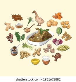 Kuah Sie Itek Traditional Food From Aceh And Ingredients Illustration, Sketch And Vector Style, Good to use for restaurant menu, Indonesian food recipe book, and food content.