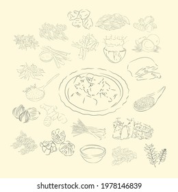 Kuah Sie Kameng Illustration Sketch And Ingredients Traditional Food From Aceh, Good to use for restaurant menu, Indonesian food recipe book, and food content.