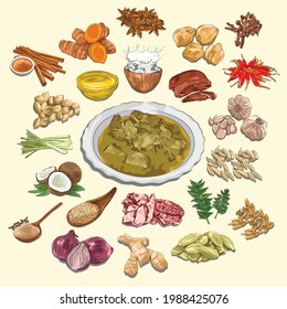 Kuah Sie Kameng And Ingredients Illustration, Sketch And Vector Style, Traditional Food From Aceh, Good to use for restaurant menu, Indonesian food recipe book, and food content.