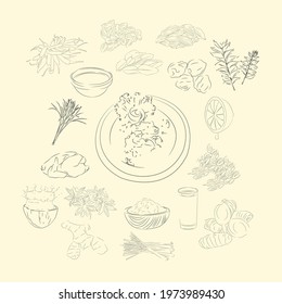 Kuah Sie Manok And Ingredients Illustration Sketch Style, Traditional Food From Aceh, Good to use for restaurant menu, Indonesian food recipe book, and food content.