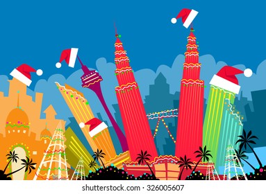 Kuala Lumpur Abstract Skyline City Skyscraper Christmas Silhouette New Year Flat Colorful Vector Illustration