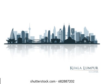 Kuala Lumpur, blue skyline silhouette with reflection. Vector illustration. 