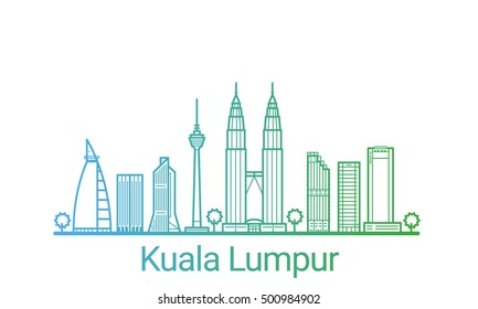 Kuala Lumpur city colored gradient line. All Kuala Lumpur buildings - customizable objects with opacity mask, so you can simple change composition and background fill. Line art.