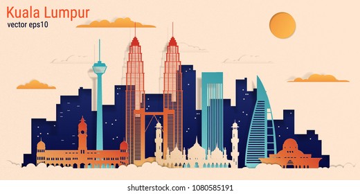 Kuala Lumpur Stadt bunte Papierschnitt-Stil, Vektorgrafik. Stadtlandschaft mit allen berühmten Gebäuden. Skyline Kuala Lumpur Stadtzusammensetzung für Design 