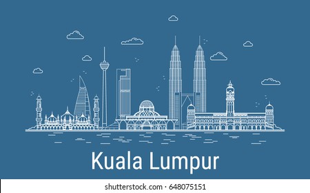 Kuala Lumpur city, Line Art Vector illustration with all famous towers. Linear Banner with Showplace, Skyscrapers and hotels. Composition of Modern buildings, Cityscape. Kuala Lumpur buildings set