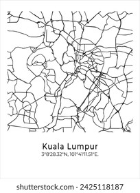 Mapa de Kuala Lumpur. Ilustración vectorial de póster de viaje con coordenadas. Mapa vectorial de Kuala Lumpur, Malasia en modo de luz.