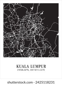 Kuala Lumpur city map. Travel poster vector illustration with coordinates. Kuala Lumpur, Malaysia Vector Map in dark mode.