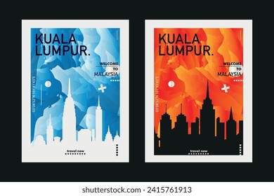 Kuala Lumpur city poster pack with abstract skyline, cityscape, landmark and attraction. Malaysia capital megapolis vector illustration layout set for vertical brochure, website, flyer, presentation