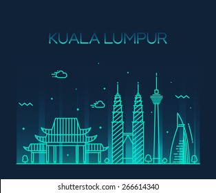 Kuala Lumpur City skyline detailed silhouette. Trendy vector illustration, line art style.