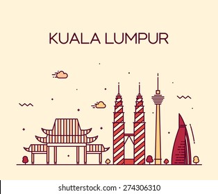 Kuala Lumpur City skyline detailed silhouette. Trendy vector illustration, line art style.