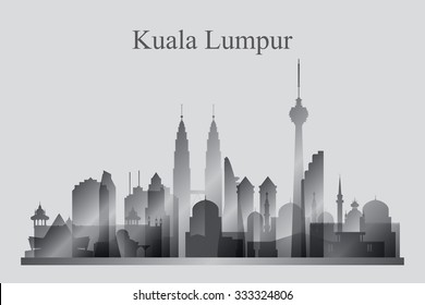 Kuala Lumpur city skyline silhouette in grayscale, vector illustration