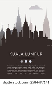 Kuala Lumpur city template for website, presentation, front page, invitation, publication sheet with skyline, landmarks. Vector Malaysia image layout, simple and grayscale