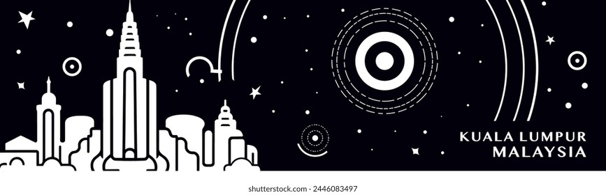 Kuala Lumpur city vintage banner with abstract black and white cityscape and skyline. Retro vector horizontal illustration for Malaysia capital