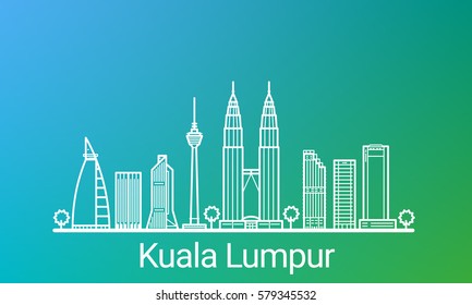 Kuala Lumpur city white line on colorful background. All Kuala Lumpur buildings - customizable objects with opacity mask, so you can simple change composition and background. Line art.