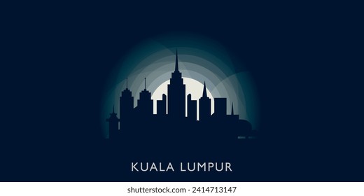 El paisaje urbano de Kuala Lumpur la ciudad panorámica vector plano la imagen moderna de la bandera. Idea del emblema de la megapolis de Malasia con puntos de referencia y siluetas de construcción en la noche de la puesta del sol al amanecer