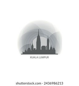 Logotipo plano del vector del panorama de la ciudad del horizonte de la ciudad de Kuala Lumpur, icono moderno. Idea de emblema de Malasia con puntos de referencia y siluetas de construcción, clipart aislado al atardecer, amanecer, noche