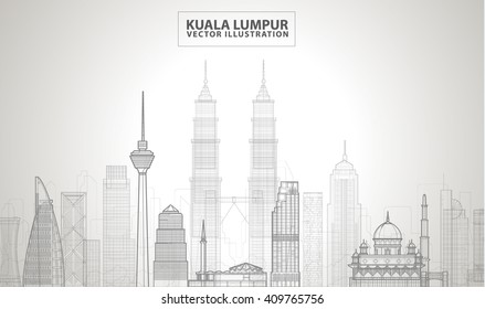 Kuala Lumpur detailed silhouette. Vector line illustration