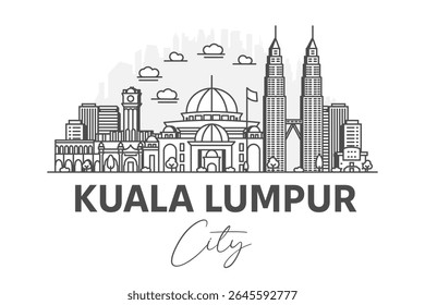 Kuala Lumpur, Malaysia architecture line skyline illustration with shadows. Linear vector cityscape with famous landmarks, city sights, design icons.