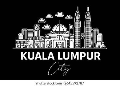 Kuala Lumpur, Malaysia architecture line skyline illustration with shadows. Linear vector cityscape with famous landmarks, city sights, design icons.