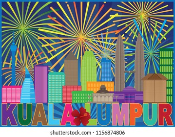 Kuala Lumpur Malaysia City Skyline Color Text State Flower Hisbicus Fireworks Display Background Illustration
