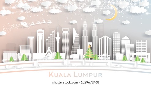Kuala Lumpur Malaysia City Skyline in Paper Cut Style with Snowflakes, Moon and Neon Garland. Vector Illustration. Christmas and New Year Concept. Santa Claus on Sleigh.