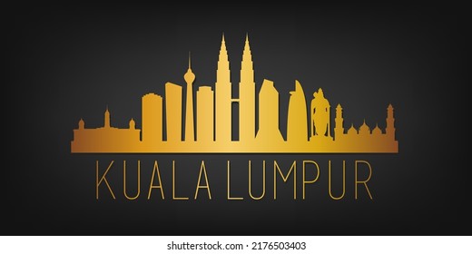 Kuala Lumpur, Malaysia Gold Skyline City Silhouette Vector. Golden Design Luxury Style Icon Symbols. Travel and Tourism Famous Buildings.