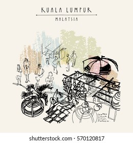 Kuala Lumpur, Malaysia. Market in China Town. Hand drawn vintage travel postcard in vector