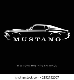 Kuala Lumpur, Malaysia - May 5 2022: 1969 Ford Mustang Fastback. American Muscle Car Graphic. Scalable and editable EPS 10 vector graphic ideal for poster, wall arts, cards and apparel print