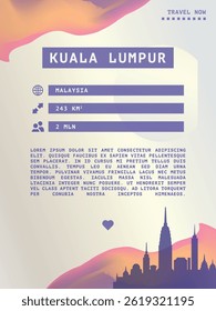 Kuala Lumpur, Malaysia vector infographics, brochure layout. Guide, leaflet, flyer, advertising graphic template with text, information, city skyline shape. Page, festival, cover mock up image