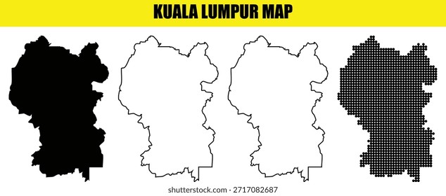 Mapa de Kuala lumpur com quatro estilos. Coleção de silhueta preta simples, forma sólida, contorno e padrão pontilhado. Símbolo geográfico em fundo transparente.
