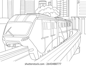 Ilustração de Arte da Linha do Monotrilho de Kuala Lumpur, desenho de arte em linha preta e branca do Monotrilho de Kuala Lumpur, na Malásia, mostrando a pista elevada e o horizonte da cidade ao redor. Ideal para colorir