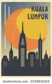 Cartaz da cidade retrô de Kuala Lumpur com formas abstratas de horizonte, edifícios. Malásia capital vintage viagem vetor ilustração, paisagem da cidade ao nascer do sol