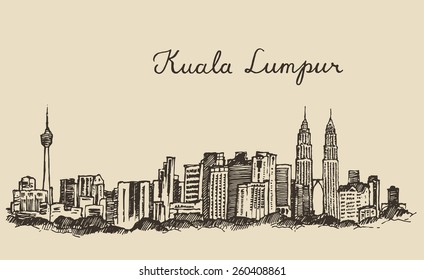 Kuala Lumpur skyline, big city architecture, vintage engraved illustration, hand drawn, sketch