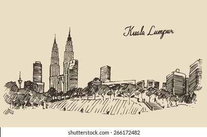 Kuala Lumpur skyline, big city architecture, vintage engraved illustration, hand drawn, sketch