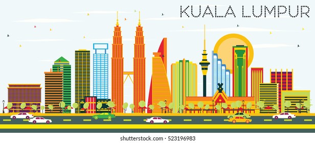 Kuala Lumpur Skyline with Color Buildings and Blue Sky. Vector Illustration. Business Travel and Tourism Concept with Modern Architecture. Image for Presentation Banner Placard and Web Site