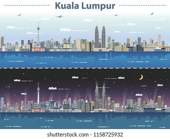 Kuala Lumpur skyline at day and night vector illustration