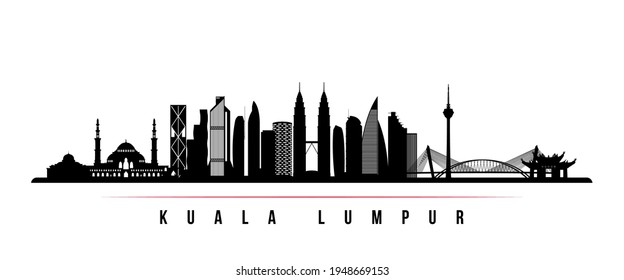 Banner horizontal en el horizonte de Kuala Lumpur. Silueta blanca y negra de Kuala Lumpur, Malasia. Plantilla de vectores para su diseño. 