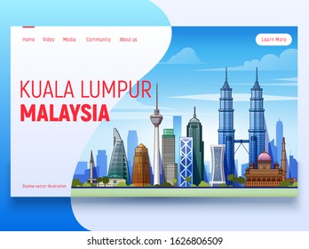 Kuala Lumpur skyline. Landing Page Template. Flat vector illustration with most famous buildings. Business travel and tourism concept with modern buildings. Image for banner or web site.
