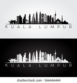 Kuala Lumpur skyline and landmarks silhouette, black and white design, vector illustration.