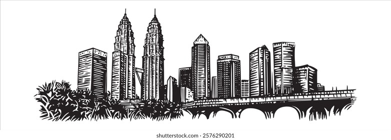 kuala lumpur skyline with petronas towers hand-drawn black ink illustration