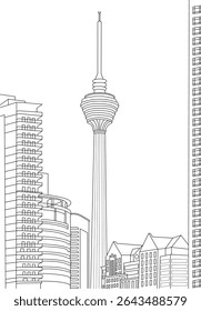Ilustração de Arte da Linha da Torre de Kuala Lumpur, Ilustração simples de desenho de linha preta e branca da icônica Torre de Kuala Lumpur (Menara KL) e edifícios circundantes na capital da Malásia