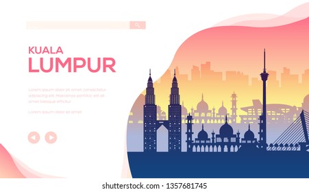 Kuala Lumpur vector landing page template. Trip to Malaysia web banner layout design. Asia excursion. Cityscape minimalistic landscape illustration. Ancient and modern landmarks silhouettes