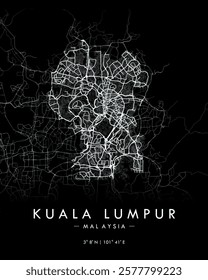 Kuala Lumpur vector map in black. Detailed map of Kuala Lumpur in Malaysia. Best free vector illustration. Tourist decorative street map.