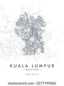 Kuala Lumpur vector map. Detailed map of Kuala Lumpur in Malaysia. Best free vector illustration. Tourist decorative street map.